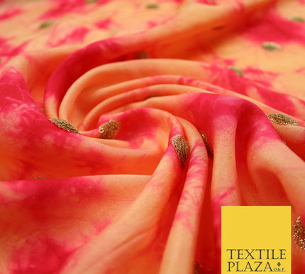 Genuine Tie Dye Two Colour Hand Print Faux Indian Silk Sequin Embroidery Fabric