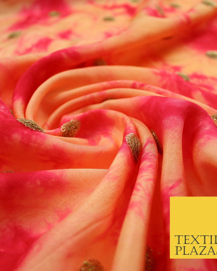 Genuine Tie Dye Two Colour Hand Print Faux Indian Silk Sequin Embroidery Fabric