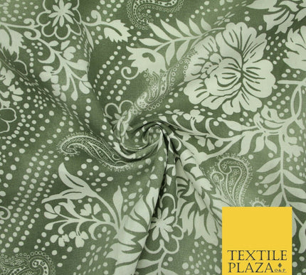 Grey White Shaded Floral Henna Dotted Paisleys Printed Cotton Linen Fabric 2204