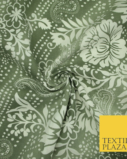 Grey White Shaded Floral Henna Dotted Paisleys Printed Cotton Linen Fabric 2204