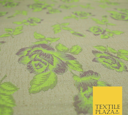 Beige Flo Green Pink Flower Textured Jacquard Floral Dress Fabric 59" Wide