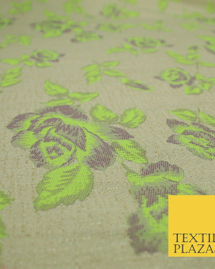 Beige Flo Green Pink Flower Textured Jacquard Floral Dress Fabric 59" Wide