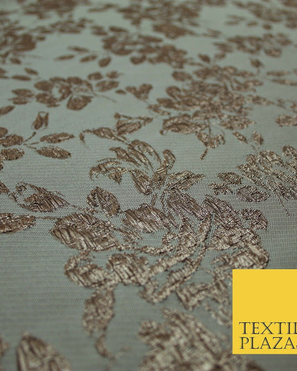 TAUPE BROWN Creased Metallic Rose Flowers Textured Brocade Jacquard Dress Fabric