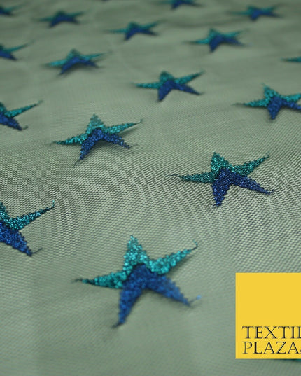 Gold Blue White Metallic 3cm Embroidered Star Mesh Net Fabric Sparkle DressCraft