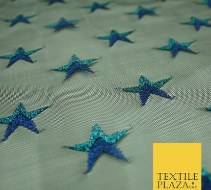Gold Blue White Metallic 3cm Embroidered Star Mesh Net Fabric Sparkle DressCraft