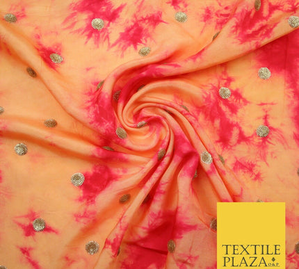 Genuine Tie Dye Two Colour Hand Print Faux Indian Silk Sequin Embroidery Fabric