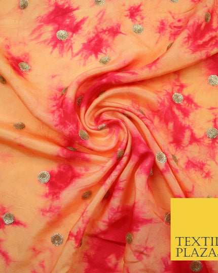 Genuine Tie Dye Two Colour Hand Print Faux Indian Silk Sequin Embroidery Fabric