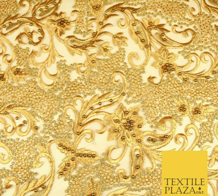 Luxury Embroidered Ornate Pearl Gold Speckle Net Dress Fabric Wedding Fancy
