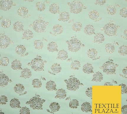 Mint Green Ivory Blue Metallic Gold Roses Textured Brocade Jacquard Dress Fabric