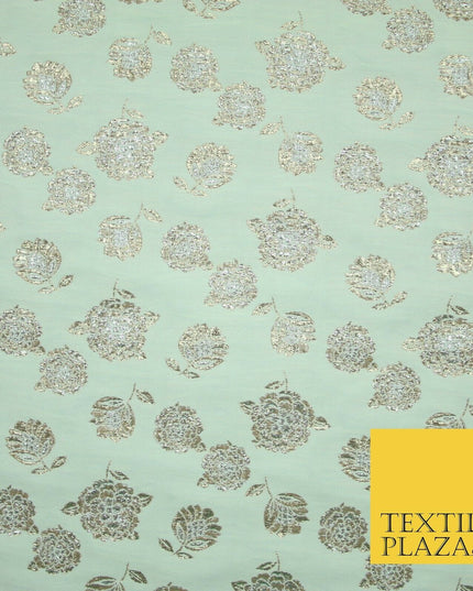 Mint Green Ivory Blue Metallic Gold Roses Textured Brocade Jacquard Dress Fabric