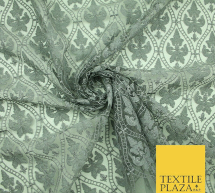 Silver Grey Ornate Floral Ogee Embroidered Mesh Net Dress Fabric Craft 2860