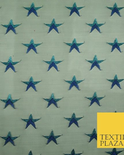 Gold Blue White Metallic 3cm Embroidered Star Mesh Net Fabric Sparkle DressCraft