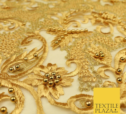 Luxury Embroidered Ornate Pearl Gold Speckle Net Dress Fabric Wedding Fancy