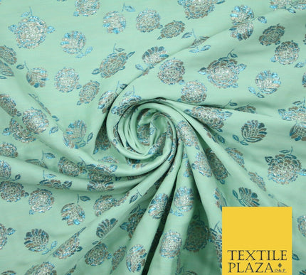Mint Green Ivory Blue Metallic Gold Roses Textured Brocade Jacquard Dress Fabric