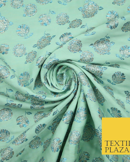 Mint Green Ivory Blue Metallic Gold Roses Textured Brocade Jacquard Dress Fabric