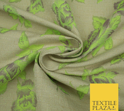 Beige Flo Green Pink Flower Textured Jacquard Floral Dress Fabric 59" Wide