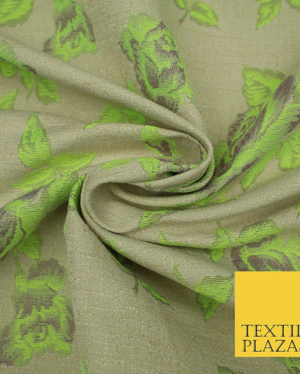 Beige Flo Green Pink Flower Textured Jacquard Floral Dress Fabric 59" Wide