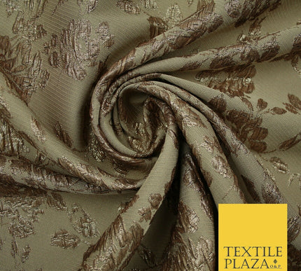 TAUPE BROWN Creased Metallic Rose Flowers Textured Brocade Jacquard Dress Fabric