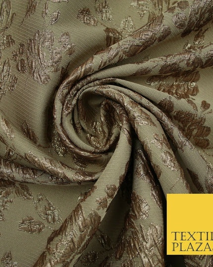 TAUPE BROWN Creased Metallic Rose Flowers Textured Brocade Jacquard Dress Fabric
