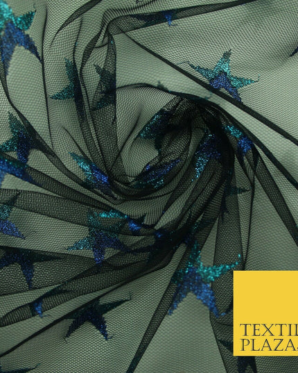 Gold Blue White Metallic 3cm Embroidered Star Mesh Net Fabric Sparkle DressCraft