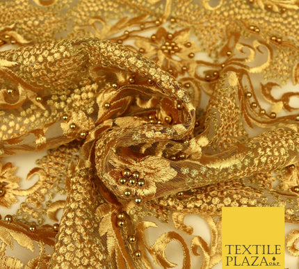 Luxury Embroidered Ornate Pearl Gold Speckle Net Dress Fabric Wedding Fancy