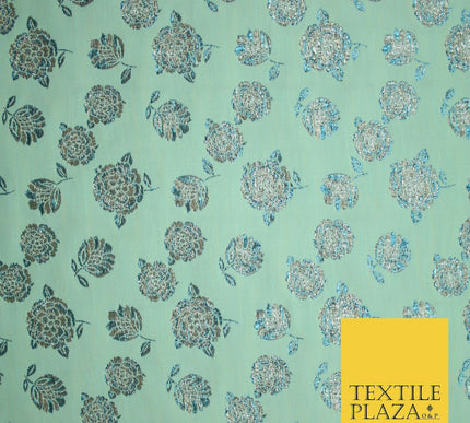 Mint Green Ivory Blue Metallic Gold Roses Textured Brocade Jacquard Dress Fabric