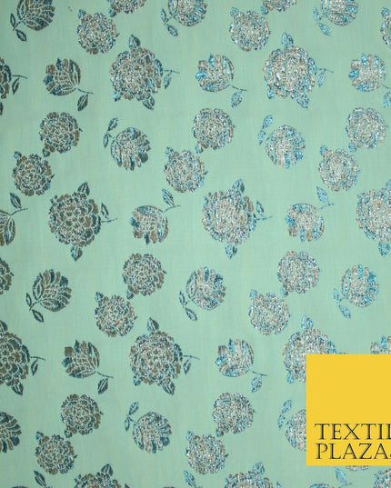 Mint Green Ivory Blue Metallic Gold Roses Textured Brocade Jacquard Dress Fabric