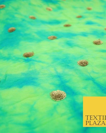 Genuine Tie Dye Two Colour Hand Print Faux Indian Silk Sequin Embroidery Fabric