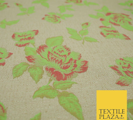 Beige Flo Green Pink Flower Textured Jacquard Floral Dress Fabric 59" Wide