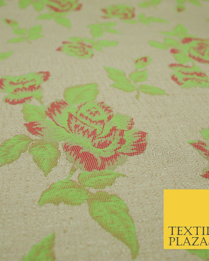 Beige Flo Green Pink Flower Textured Jacquard Floral Dress Fabric 59" Wide