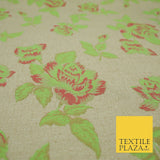 Beige Flo Green Pink Flower Textured Jacquard Floral Dress Fabric 59" Wide