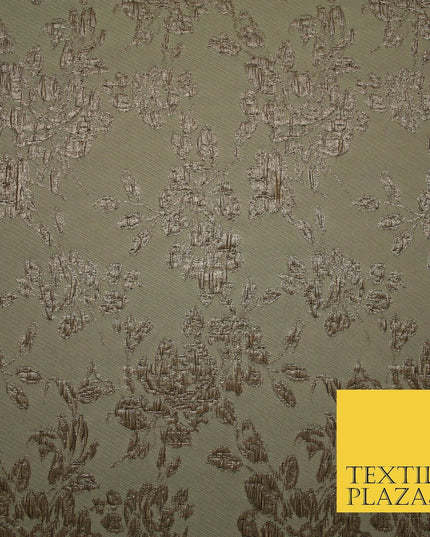 TAUPE BROWN Creased Metallic Rose Flowers Textured Brocade Jacquard Dress Fabric