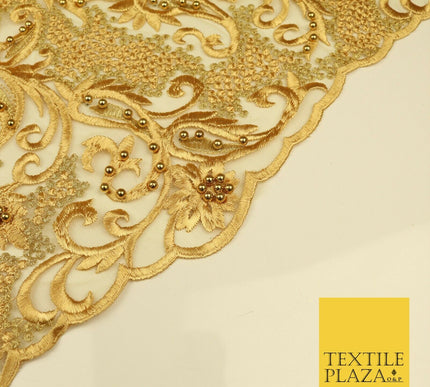 Luxury Embroidered Ornate Pearl Gold Speckle Net Dress Fabric Wedding Fancy