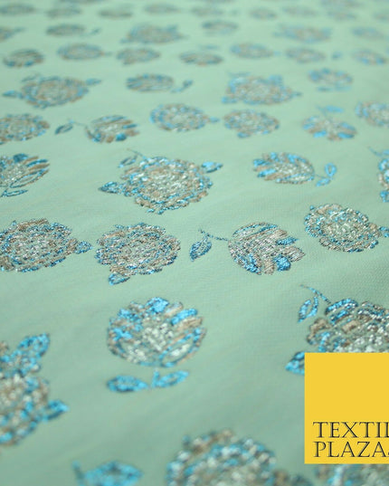 Mint Green Ivory Blue Metallic Gold Roses Textured Brocade Jacquard Dress Fabric