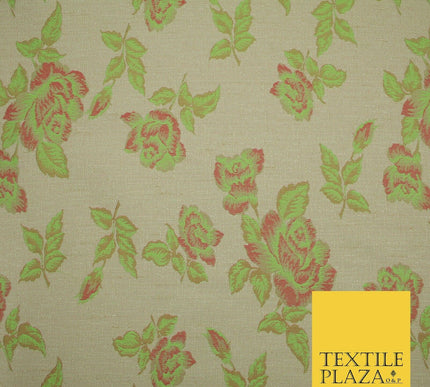 Beige Flo Green Pink Flower Textured Jacquard Floral Dress Fabric 59" Wide