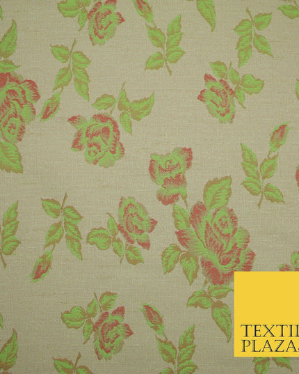Beige Flo Green Pink Flower Textured Jacquard Floral Dress Fabric 59" Wide