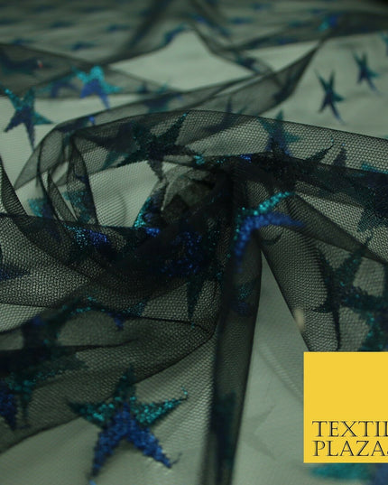 Gold Blue White Metallic 3cm Embroidered Star Mesh Net Fabric Sparkle DressCraft