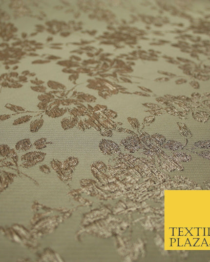 TAUPE BROWN Creased Metallic Rose Flowers Textured Brocade Jacquard Dress Fabric