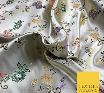 Light Gold Floral Motif Satin Chinese BROCADE Fabric Dress Fancy Oriental AC253