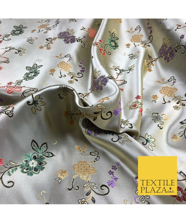 Light Gold Floral Motif Satin Chinese BROCADE Fabric Dress Fancy Oriental AC253