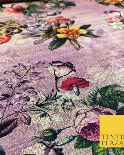 LILAC Garden Mix Floral Digital Print Faux Raw Silk Fabric Dress Craft 1468