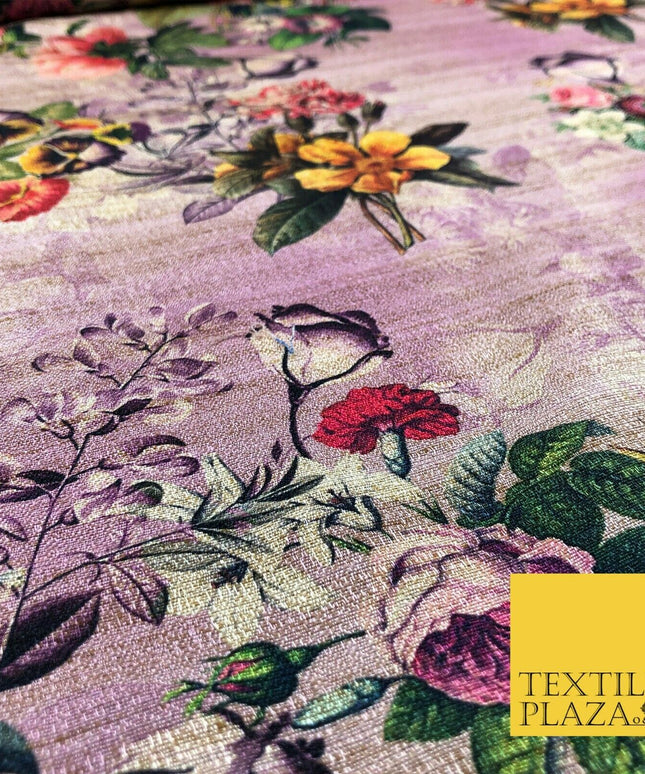 LILAC Garden Mix Floral Digital Print Faux Raw Silk Fabric Dress Craft 1468