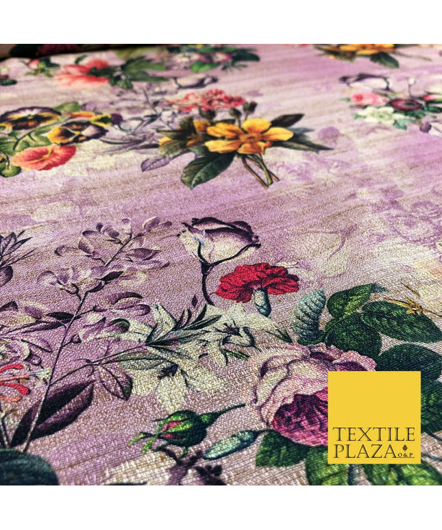 LILAC Garden Mix Floral Digital Print Faux Raw Silk Fabric Dress Craft 1468
