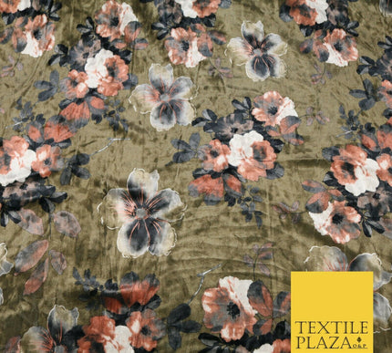 Khaki Green Brown Floral Blossom Printed Soft Velvet Dress Fabric Craft 1689