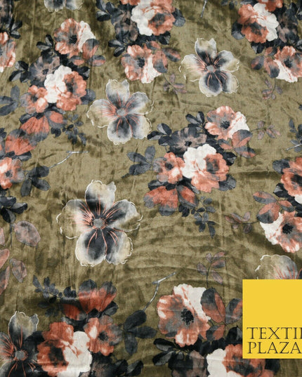 Khaki Green Brown Floral Blossom Printed Soft Velvet Dress Fabric Craft 1689