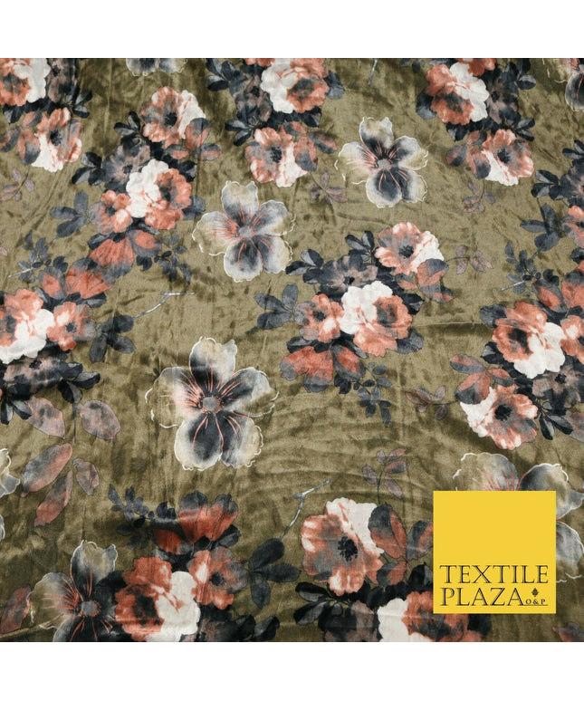 Khaki Green Brown Floral Blossom Printed Soft Velvet Dress Fabric Craft 1689