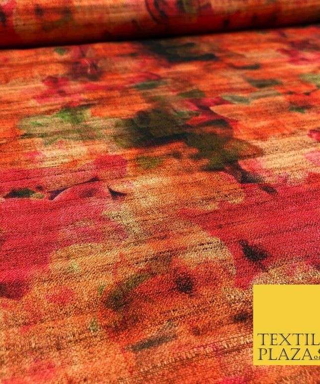 ORANGE Floral Blur Shades Digital Print Faux Raw Silk Fabric Dress Craft 1472