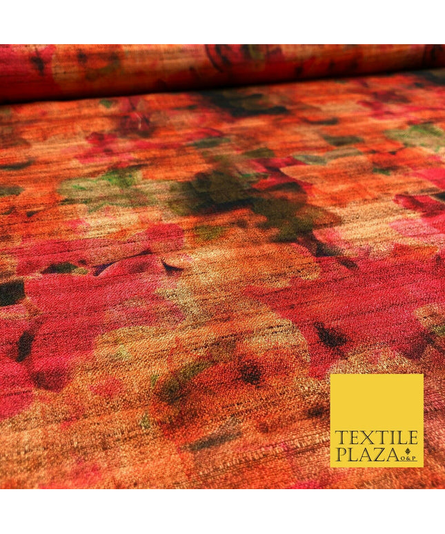 ORANGE Floral Blur Shades Digital Print Faux Raw Silk Fabric Dress Craft 1472