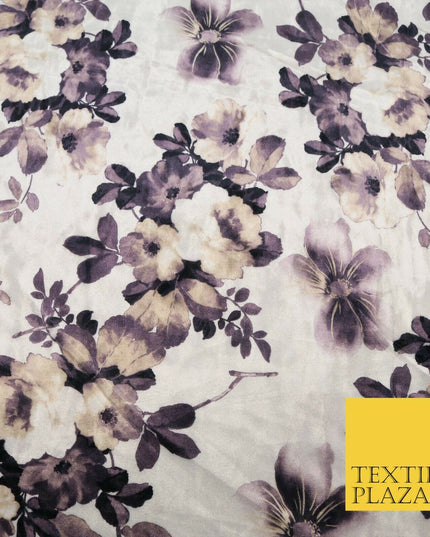 White Floral Blossom Printed Soft Velvet Dress Fabric Stretch Craft 1690
