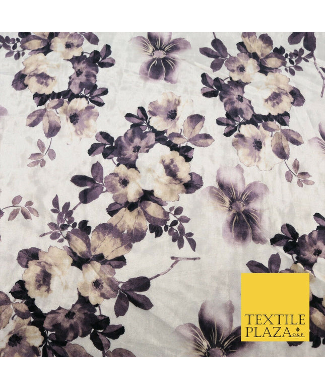 White Floral Blossom Printed Soft Velvet Dress Fabric Stretch Craft 1690